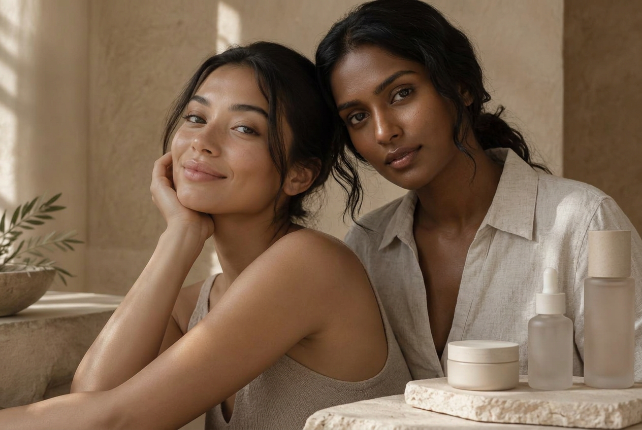 Two women beside everyday skincare bottles in a bright interior