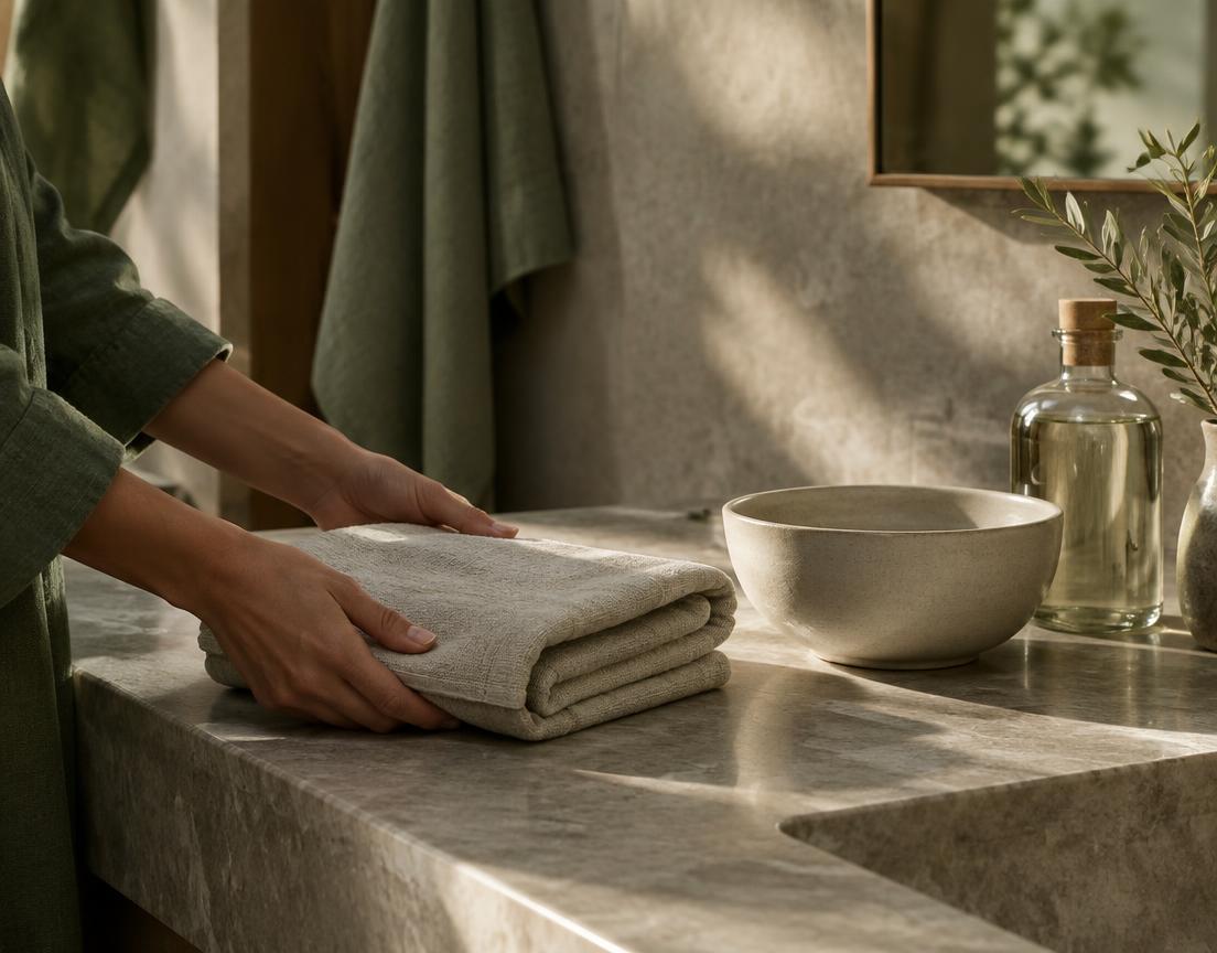 Hands folding a linen towel beside a ceramic bowl and glass bottle