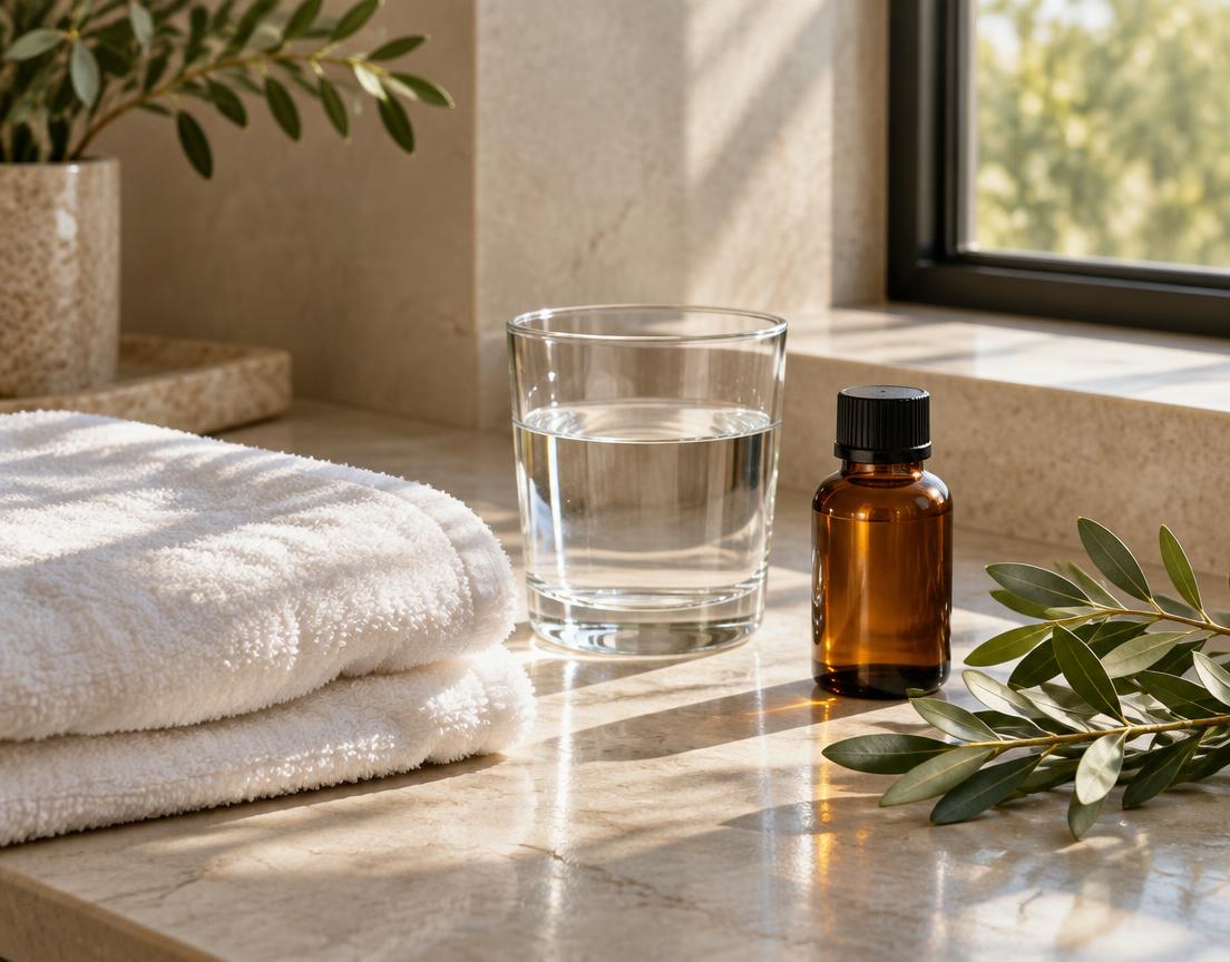 Water, a folded towel and an amber bottle in soft morning light